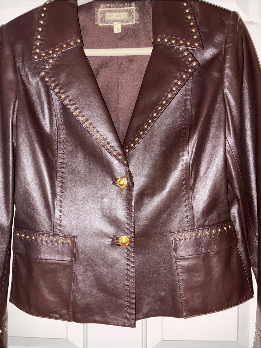 Like NEW Vintage ST. JOHN Lamb Leather Gold Studded Brown Double Front Button 12 - Picture 3 of 10